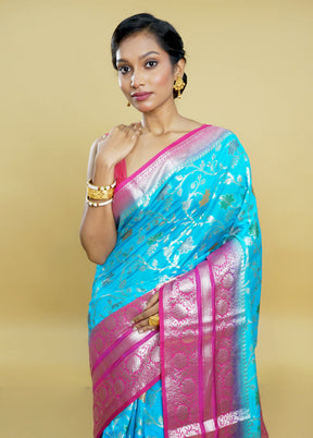 Blue Kora Silk Saree With Blouse Piece