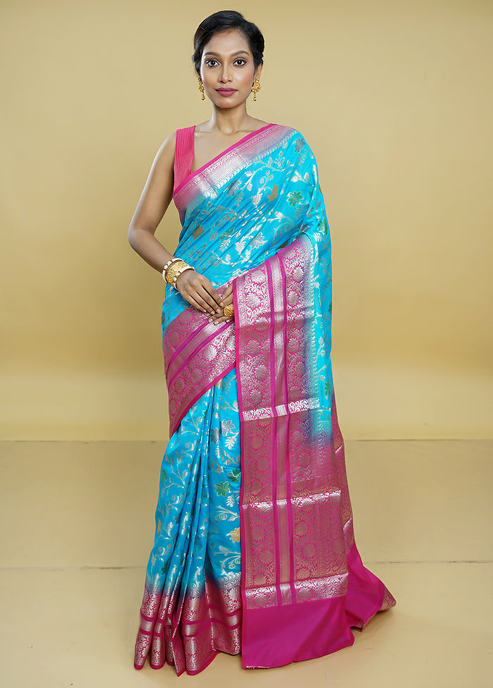 Blue Kora Silk Saree With Blouse Piece