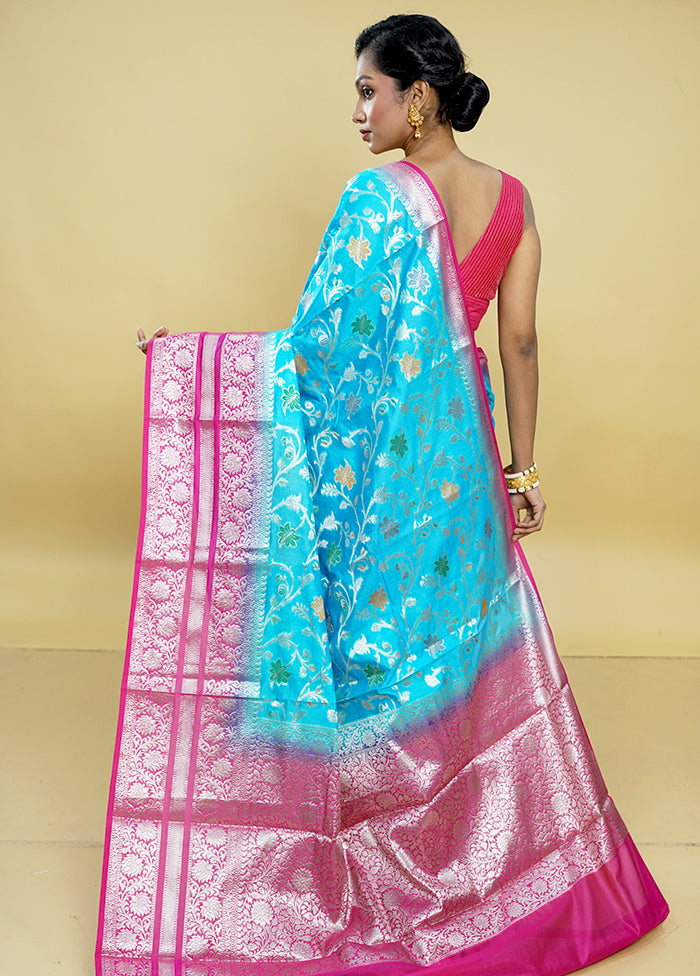 Blue Kora Silk Saree With Blouse Piece