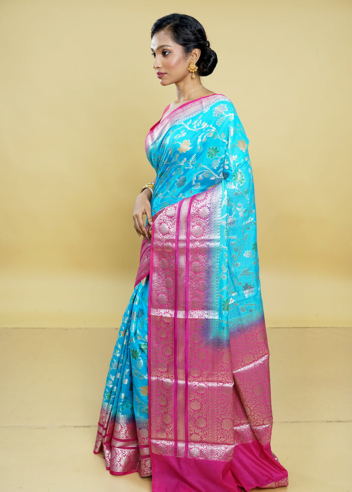 Blue Kora Silk Saree With Blouse Piece