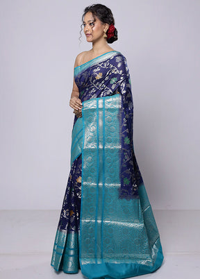 Blue Kora Silk Saree With Blouse Piece