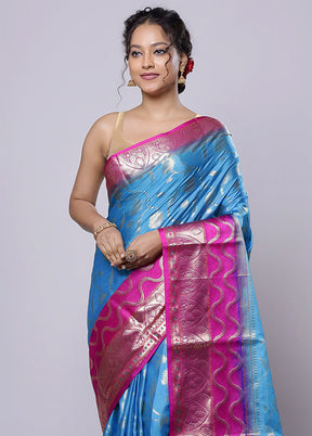 Blue Kora Silk Saree With Blouse Piece