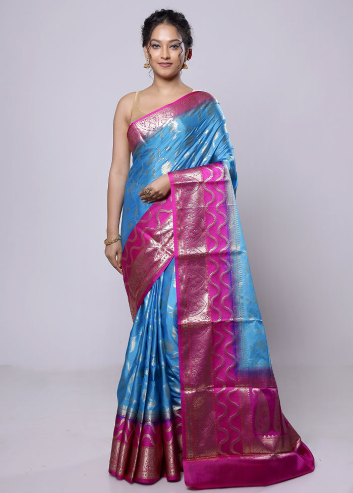 Blue Kora Silk Saree With Blouse Piece