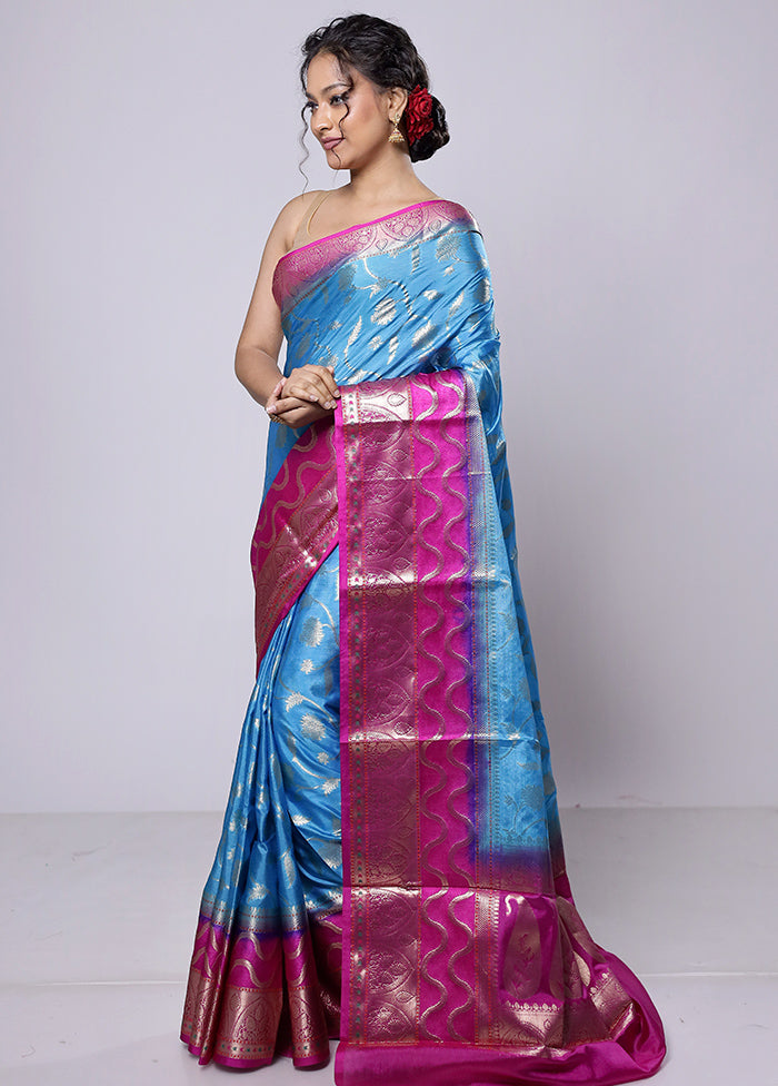 Blue Kora Silk Saree With Blouse Piece