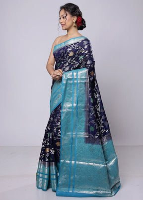 Blue Kora Silk Saree With Blouse Piece