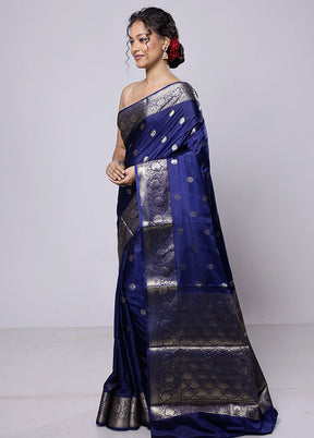 Blue Dupion Silk Saree With Blouse Piece