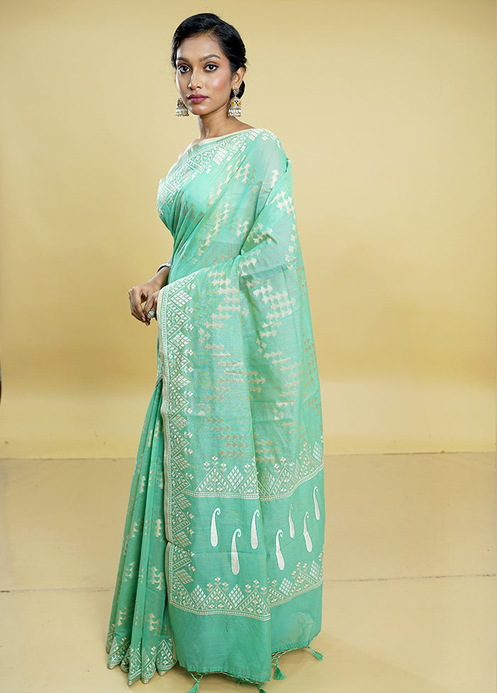 Green Cotton Saree With Blouse Piece