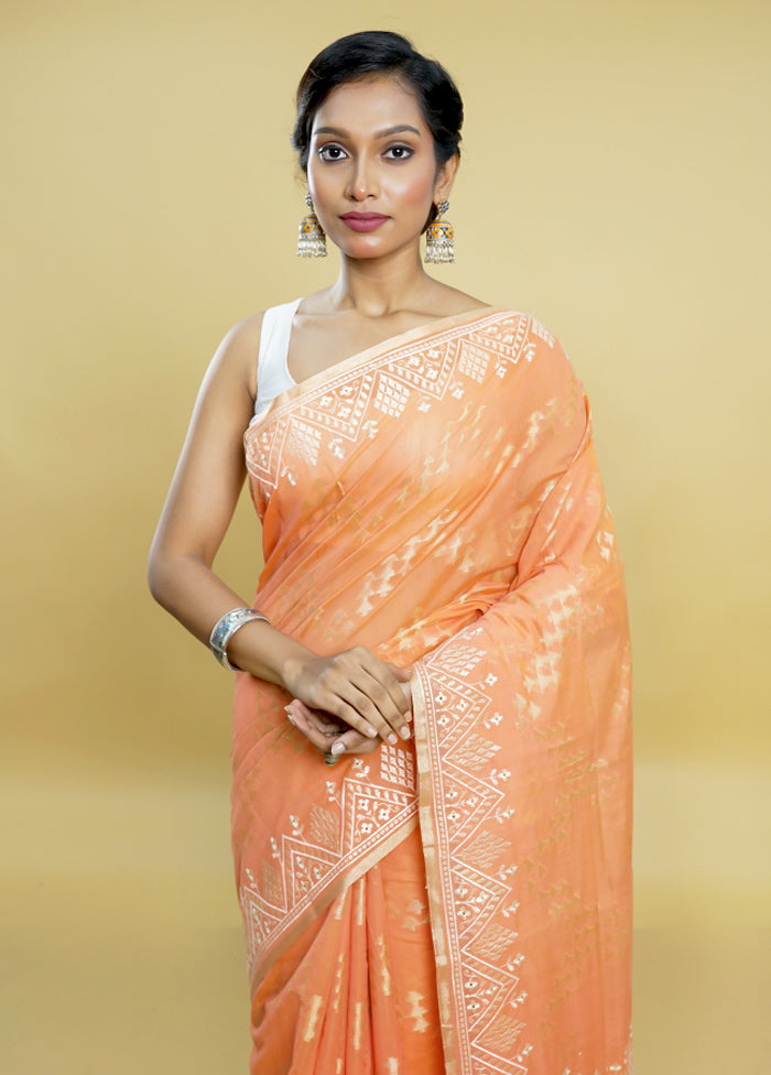 Peach Cotton Saree With Blouse Piece