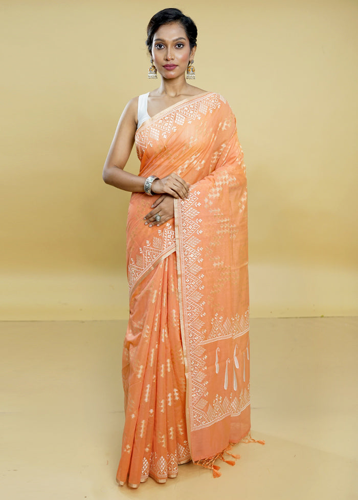 Peach Cotton Saree With Blouse Piece