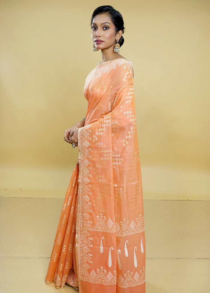 Peach Cotton Saree With Blouse Piece