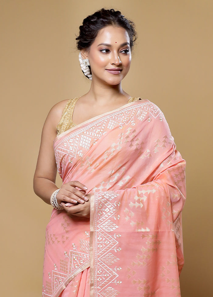 Peach Cotton Saree With Blouse Piece