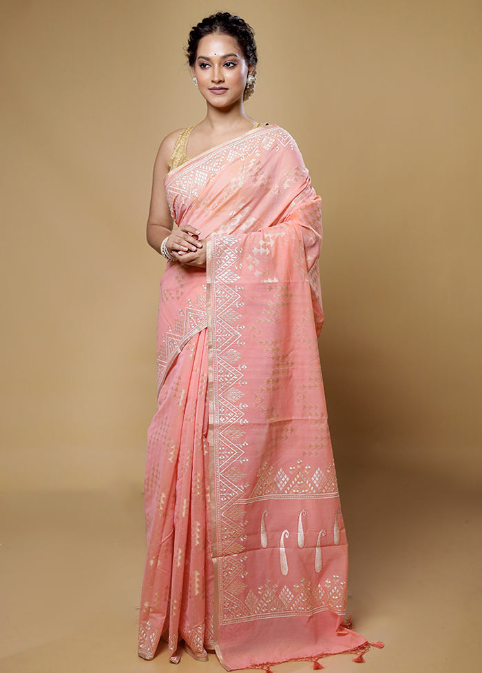 Peach Cotton Saree With Blouse Piece