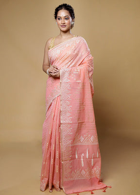 Peach Cotton Saree With Blouse Piece