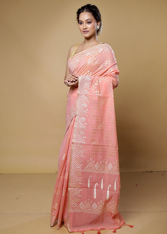 Peach Cotton Saree With Blouse Piece