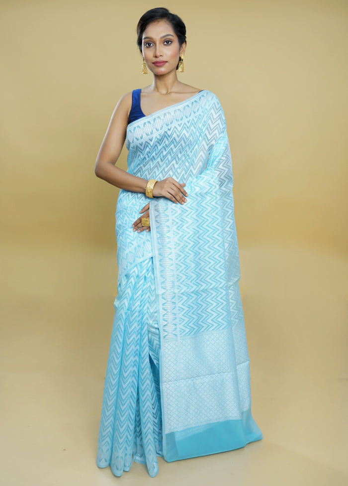 Blue Cotton Saree With Blouse Piece