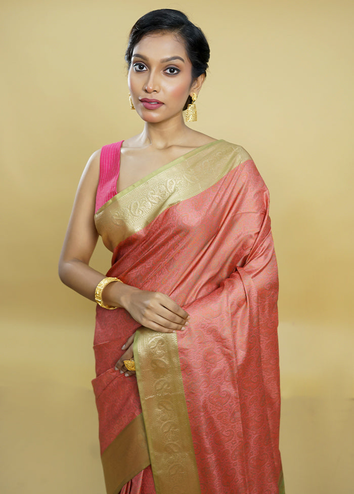 Pink Jamewar Silk Saree With Blouse Piece