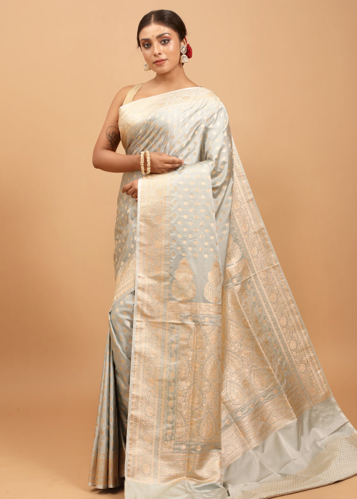 Grey Banarasi Silk Saree With Blouse Piece