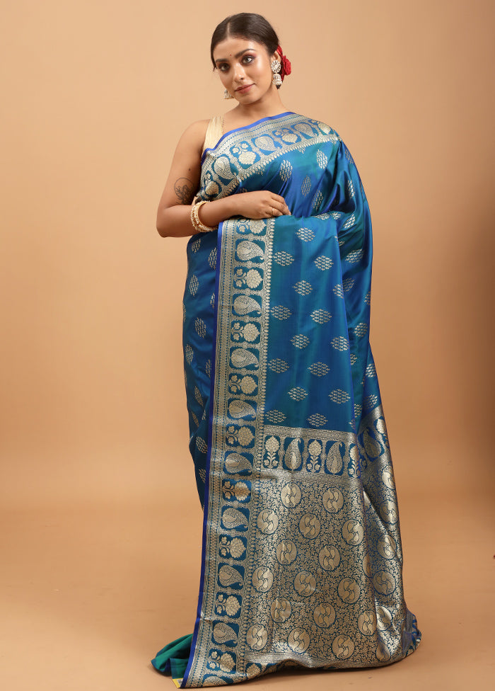 Blue Banarasi Silk Saree With Blouse Piece