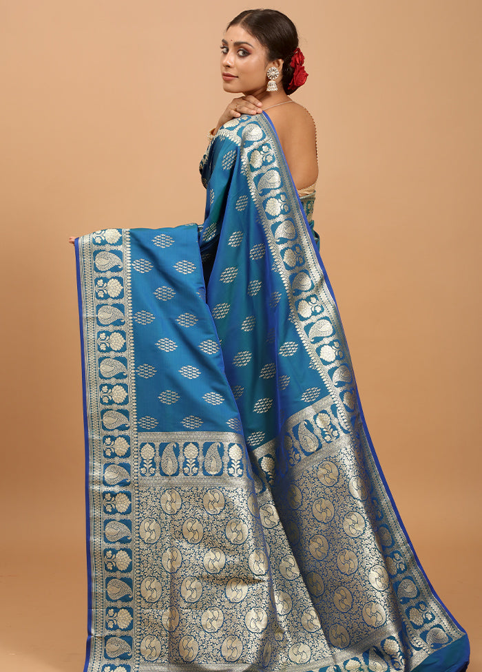 Blue Banarasi Silk Saree With Blouse Piece