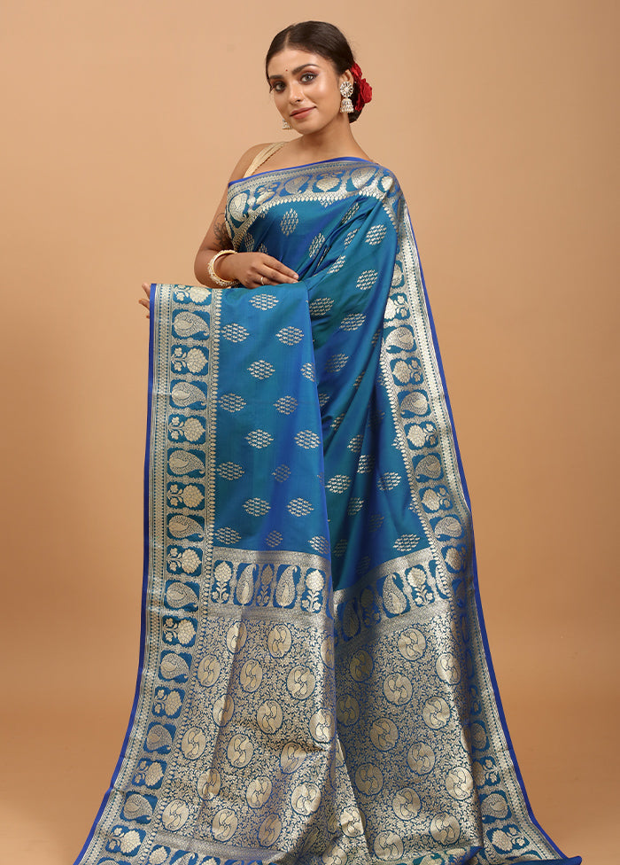 Blue Banarasi Silk Saree With Blouse Piece