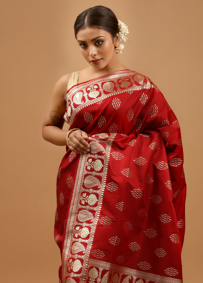 Maroon Banarasi Silk Saree With Blouse Piece