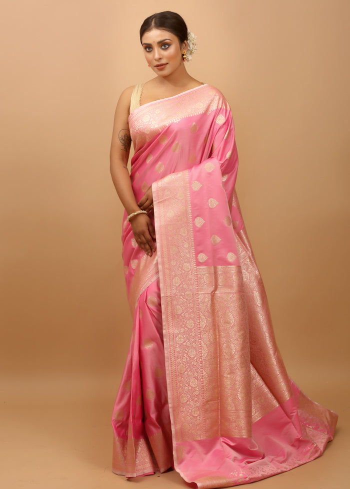 Pink Banarasi Silk Saree With Blouse Piece