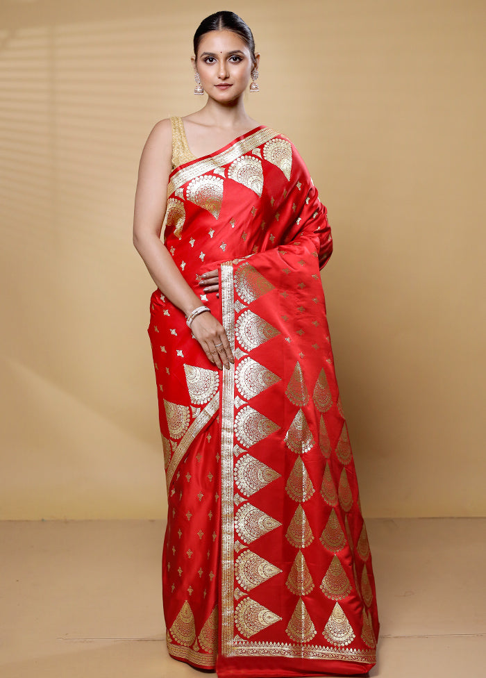 Red Banarasi Silk Saree With Blouse Piece