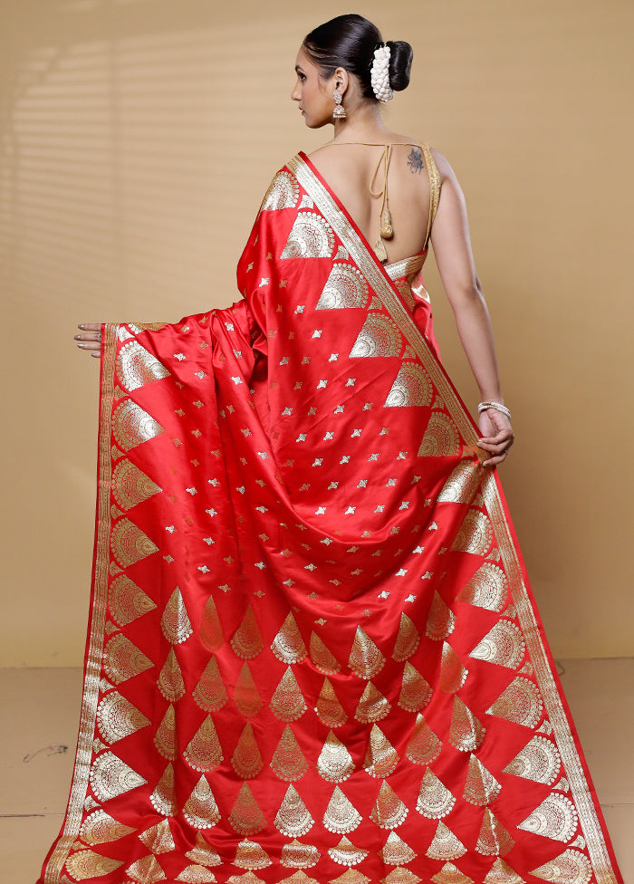 Red Banarasi Silk Saree With Blouse Piece