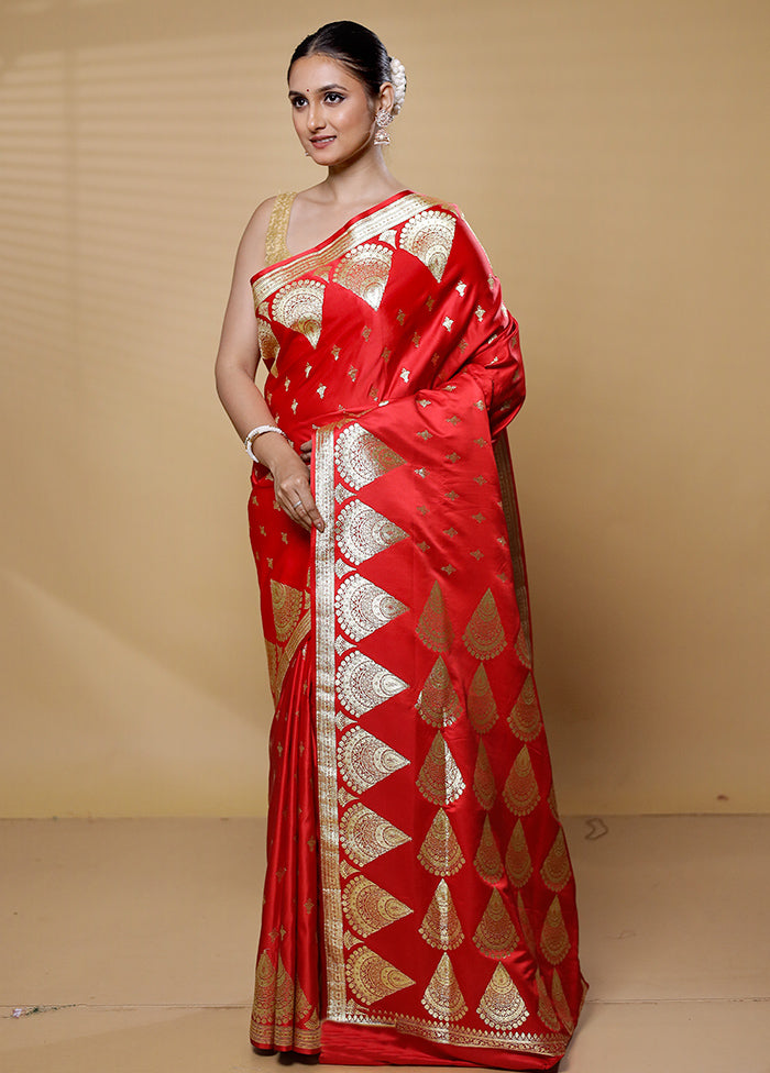 Red Banarasi Silk Saree With Blouse Piece