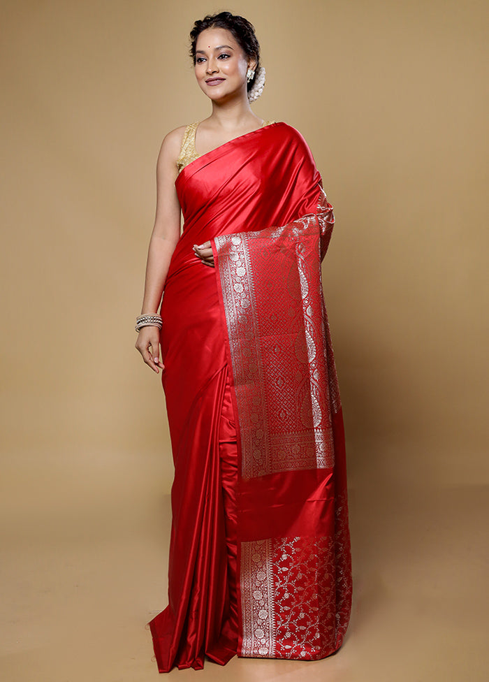 Red Banarasi Silk Saree With Blouse Piece