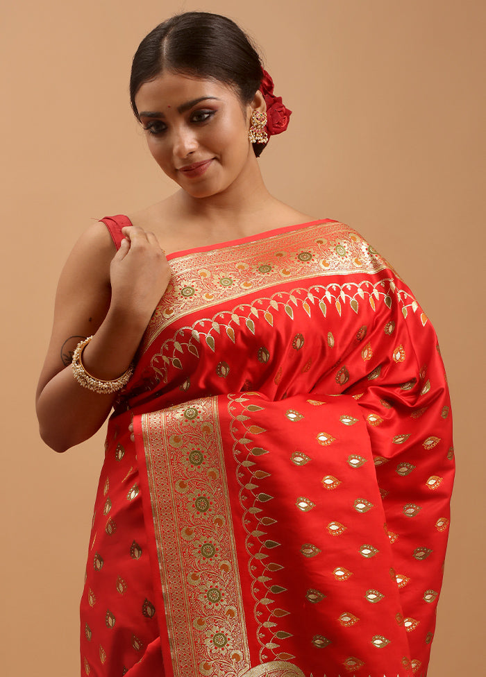 Red Banarasi Silk Saree With Blouse Piece