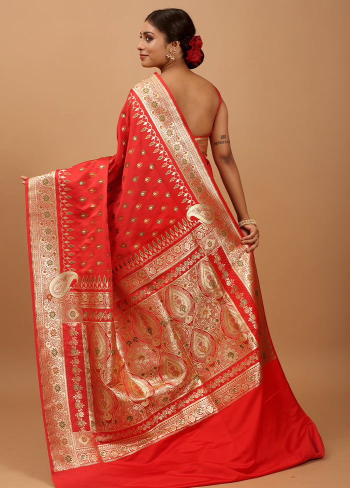 Red Banarasi Silk Saree With Blouse Piece