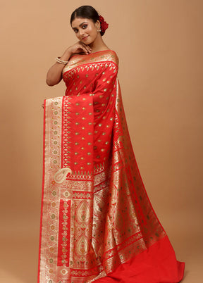 Red Banarasi Silk Saree With Blouse Piece