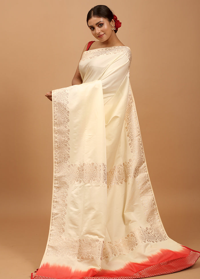 White Banarasi Silk Saree With Blouse Piece