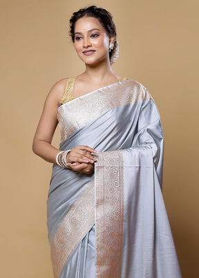 Grey Banarasi Silk Saree With Blouse Piece