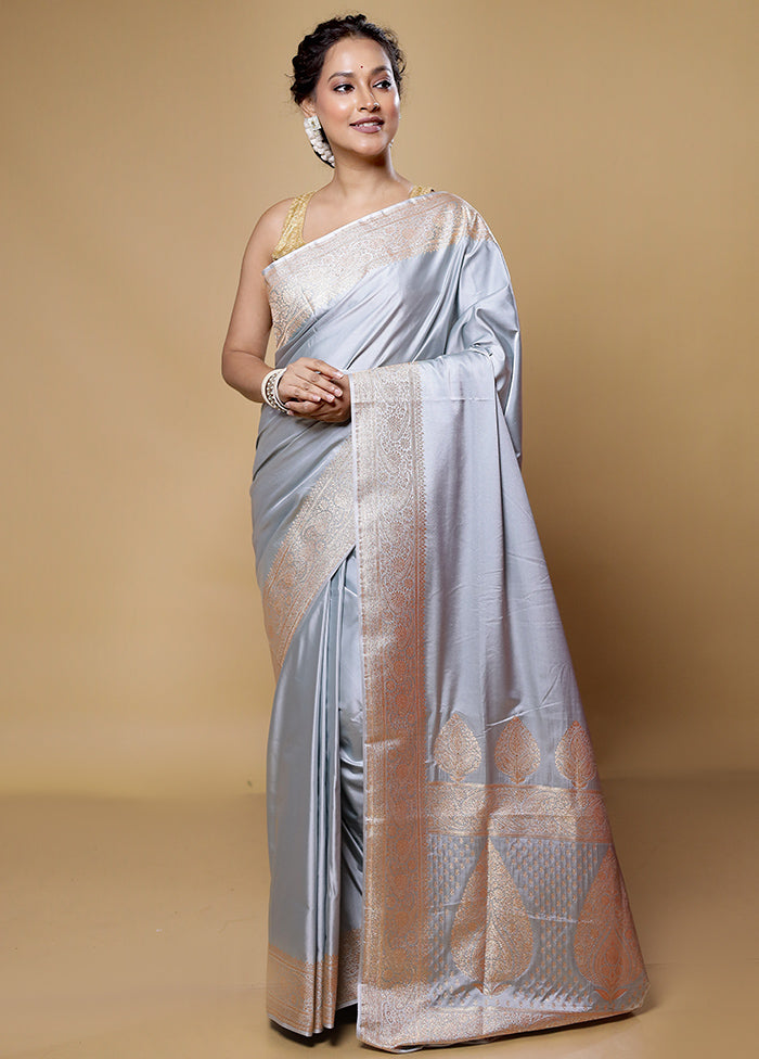 Grey Banarasi Silk Saree With Blouse Piece