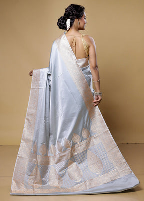 Grey Banarasi Silk Saree With Blouse Piece