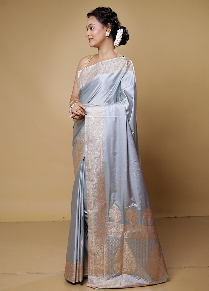 Grey Banarasi Silk Saree With Blouse Piece