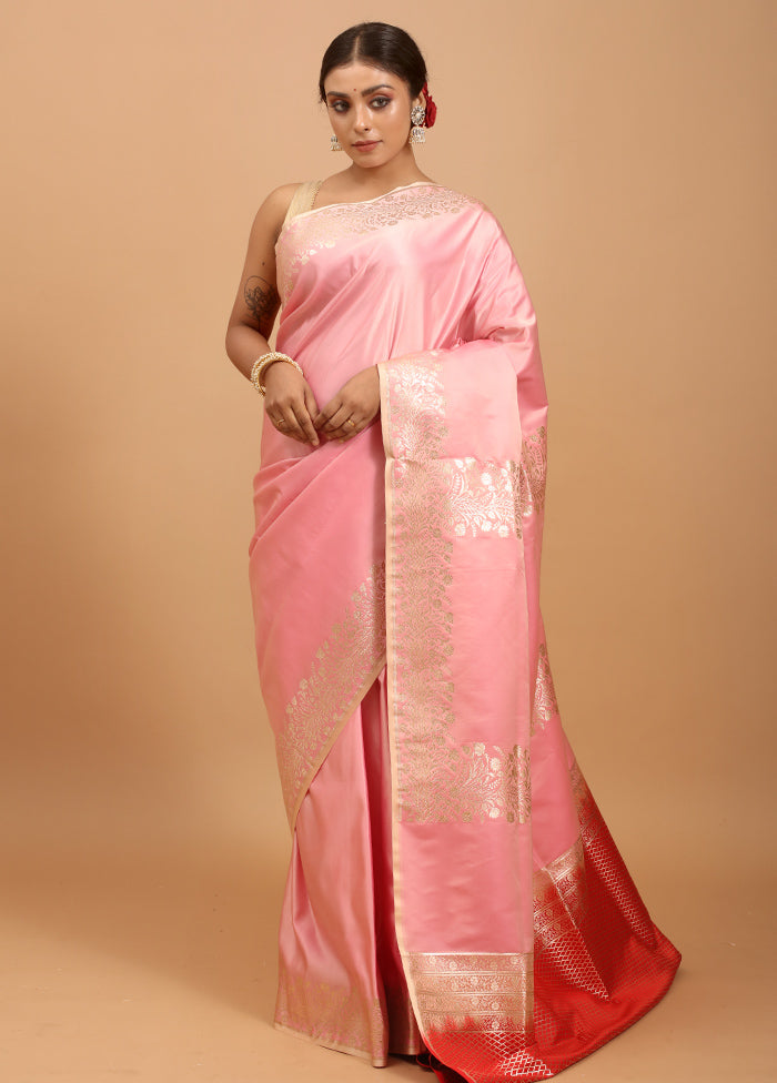 Pink Banarasi Silk Saree With Blouse Piece