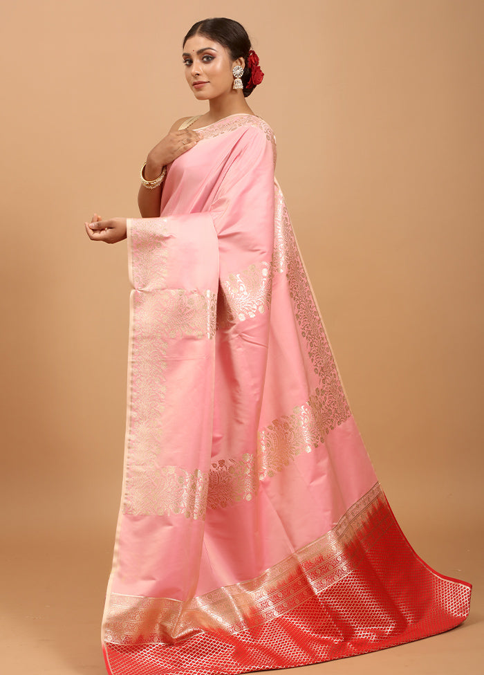 Pink Banarasi Silk Saree With Blouse Piece