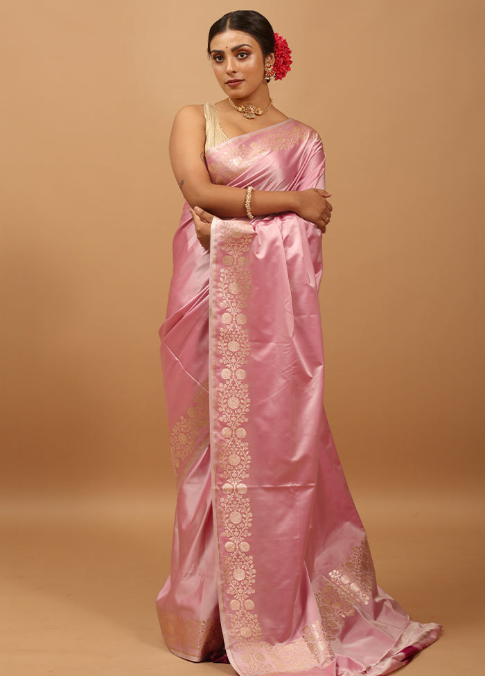 Pink Banarasi Silk Saree With Blouse Piece