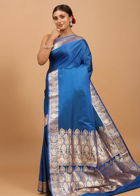 Blue Banarasi Silk Saree With Blouse Piece