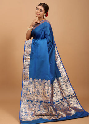 Blue Banarasi Silk Saree With Blouse Piece