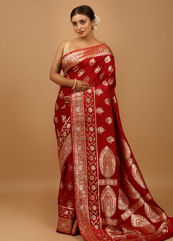 Maroon Banarasi Silk Saree With Blouse Piece