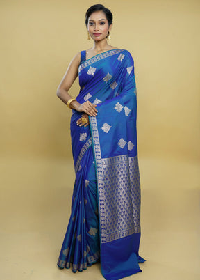 Blue Dupion Silk Saree With Blouse Piece