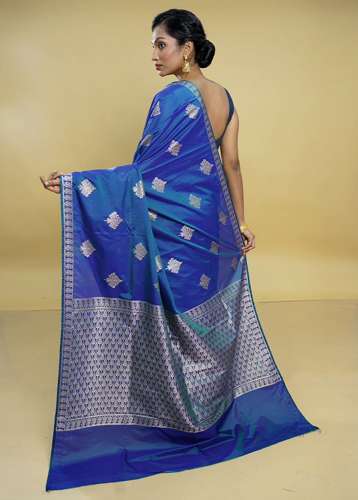 Blue Dupion Silk Saree With Blouse Piece