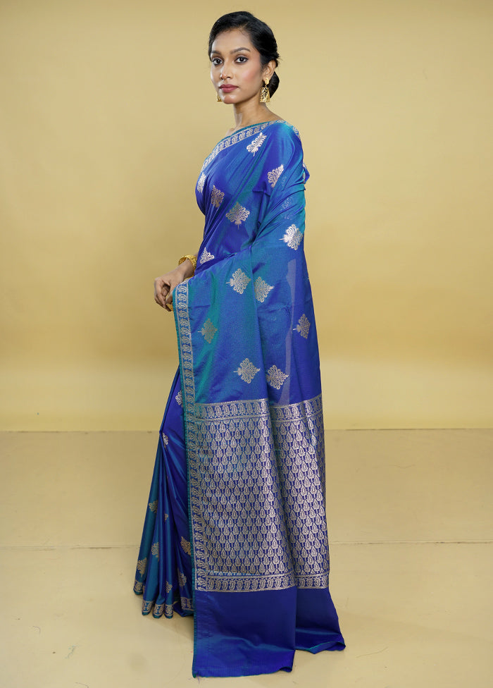 Blue Dupion Silk Saree With Blouse Piece