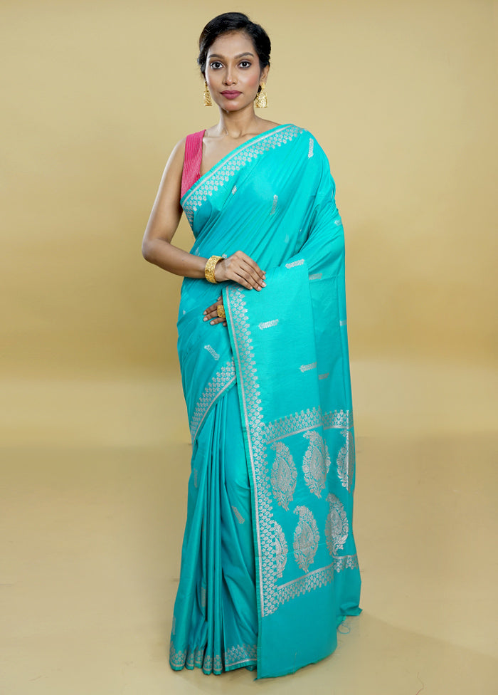 Blue Dupion Silk Saree With Blouse Piece