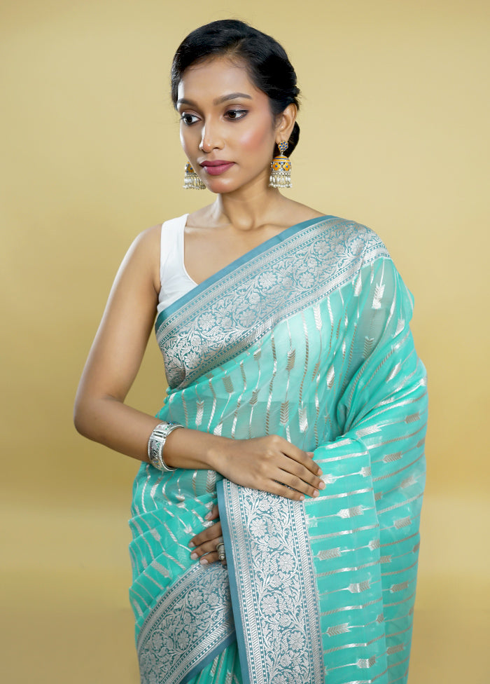 Blue Organza Saree With Blouse Piece