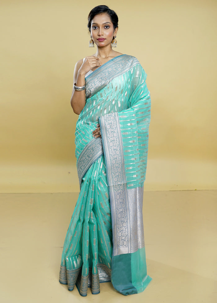 Blue Organza Saree With Blouse Piece